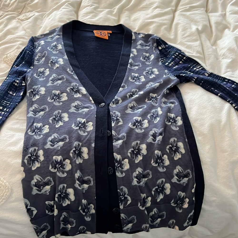 Tory Burch cardigan. V neck, navy with flowers. Size S EUC